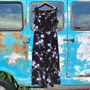 90s cimmaron black 100% rayon sleeveless sheath dress romantic purple flowers